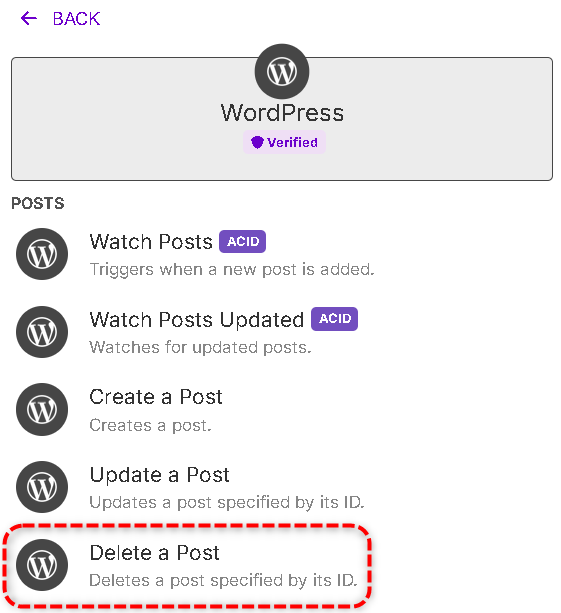 WordpressからDelete a Postモジュールを選択